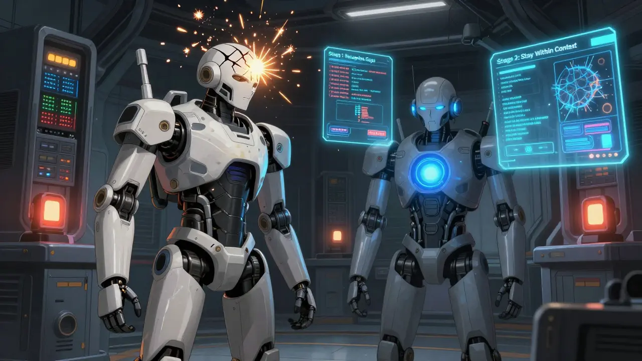 Two robots in a training chamber face holograms showing stages of uncertainty tuning, sparks flying from failing servers.