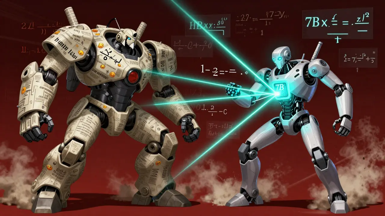 A compact math robot outperforming a massive general AI in a battle of logic, with benchmark scores floating around.
