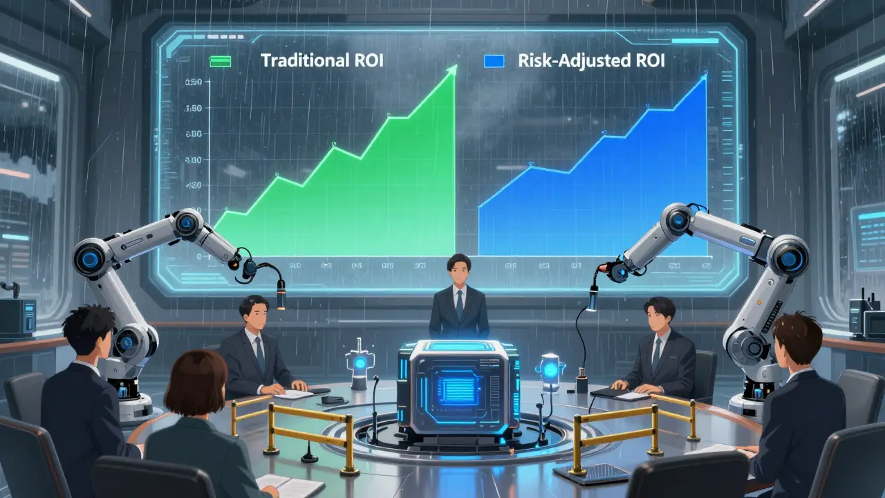 A corporate boardroom with two conflicting ROI graphs, robotic arms installing compliance guardrails around an AI core as rain falls outside.
