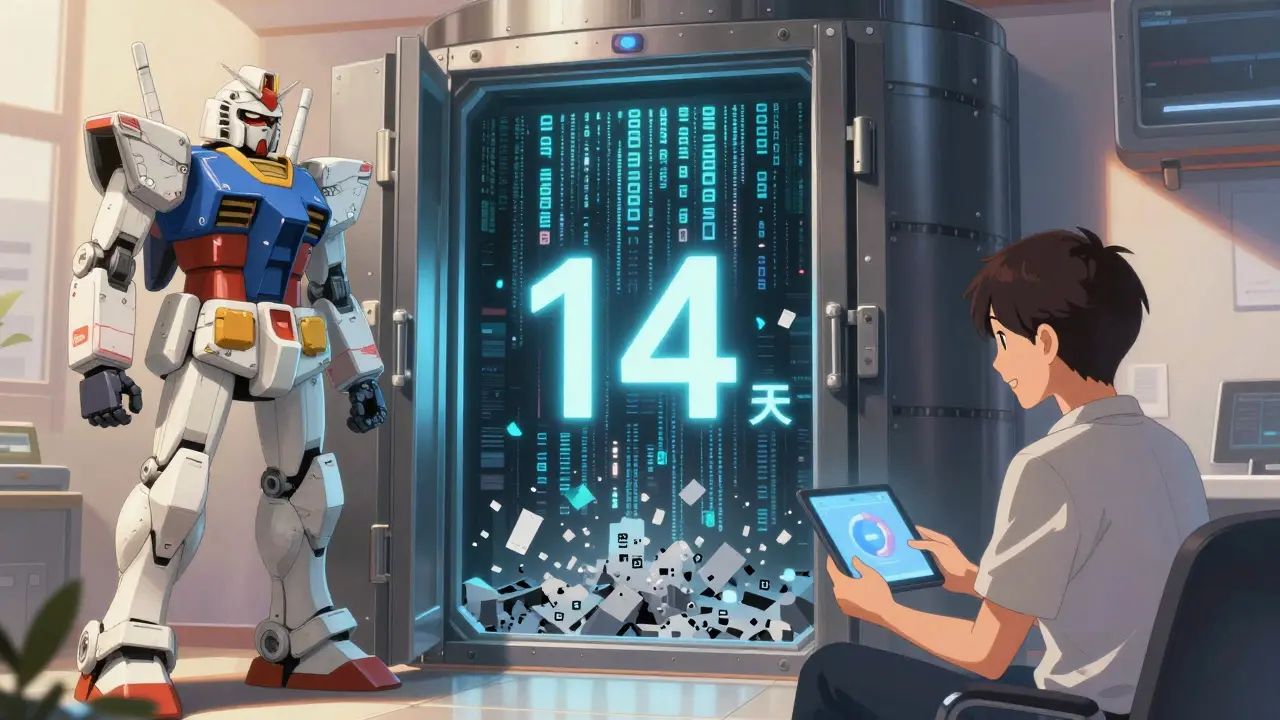 A data vault automatically deleting logs after 14 days, with a user trusting their AI assistant.