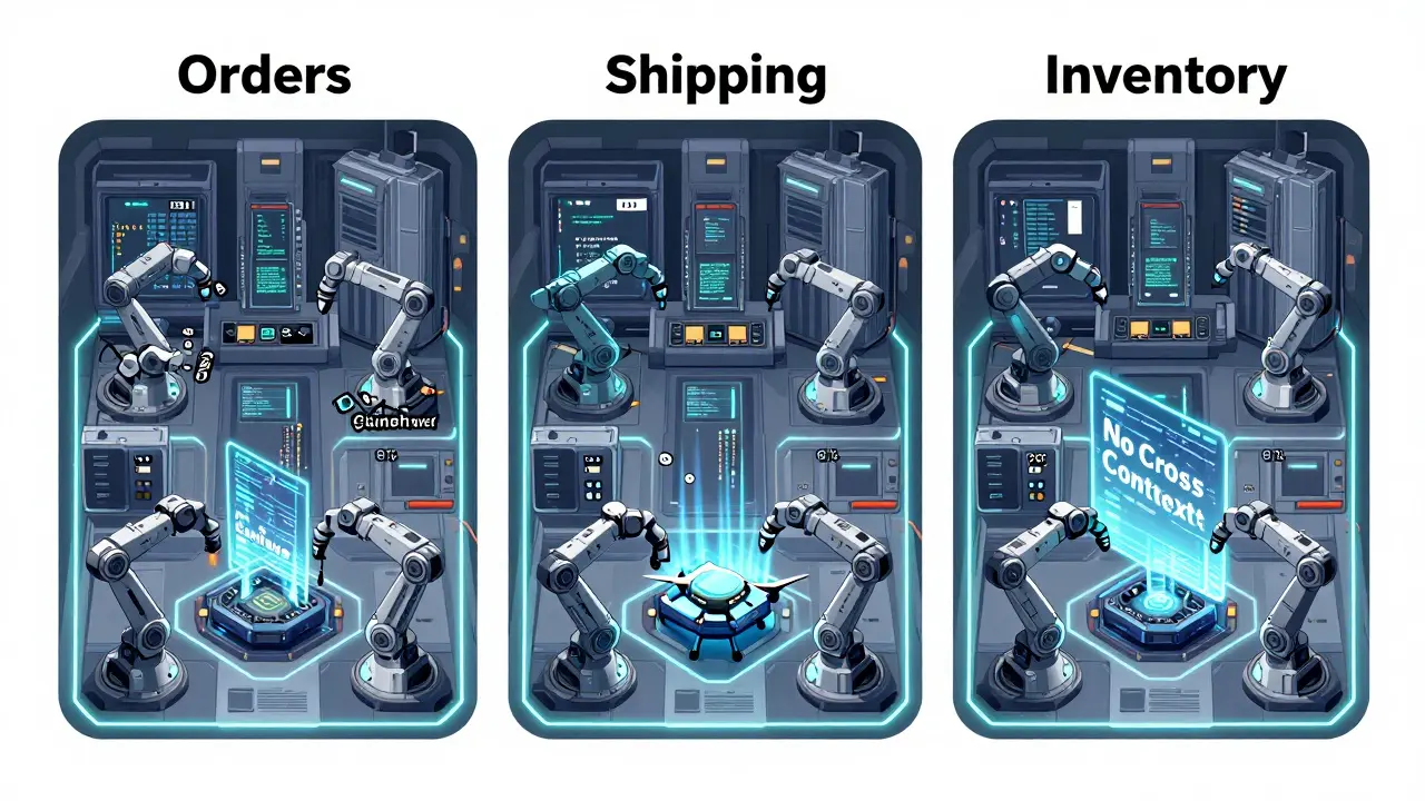 A digital fortress with three zoned contexts, glowing boundaries, and robotic arms assembling code with precise terminology.