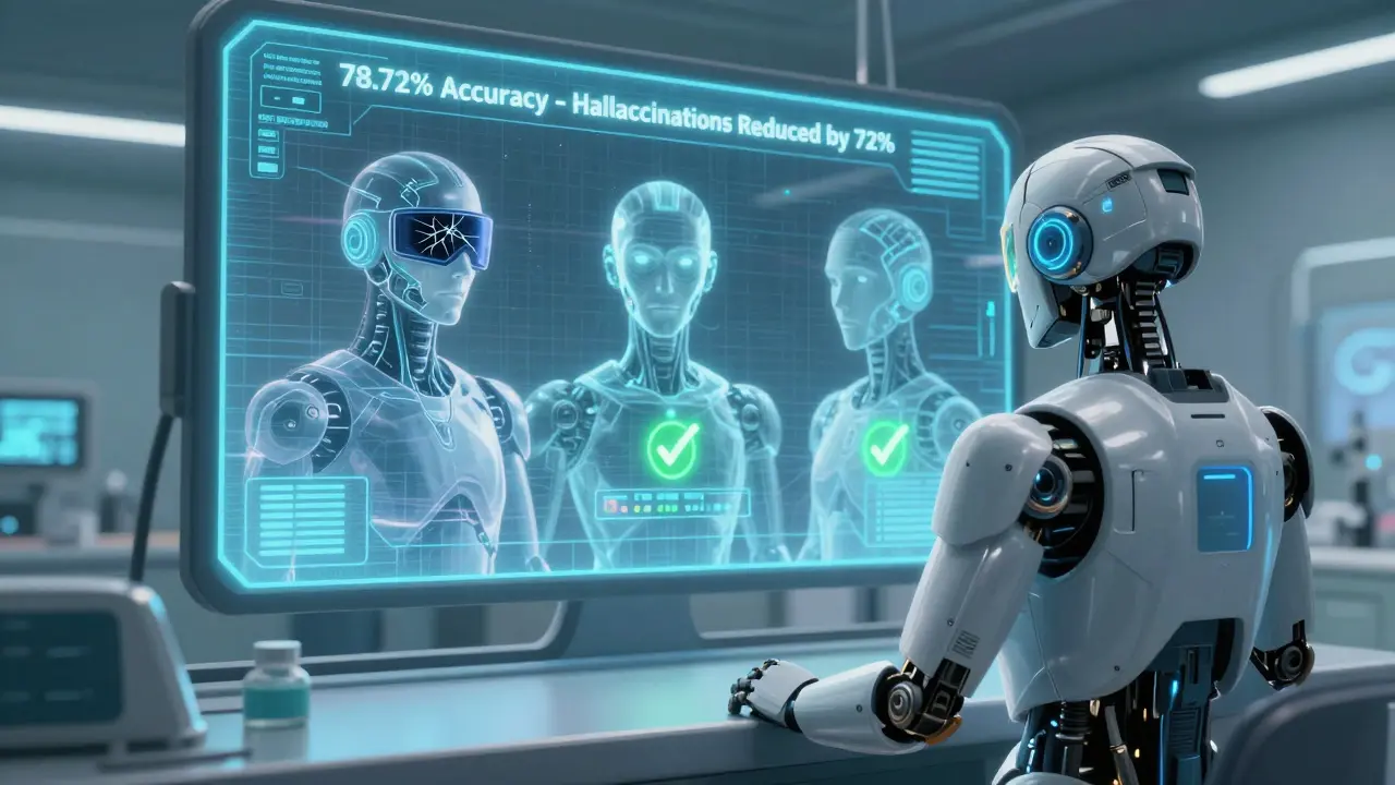 A doctor watches holographic AI avatars debate a medical dosage, two agreeing with green confirmations.