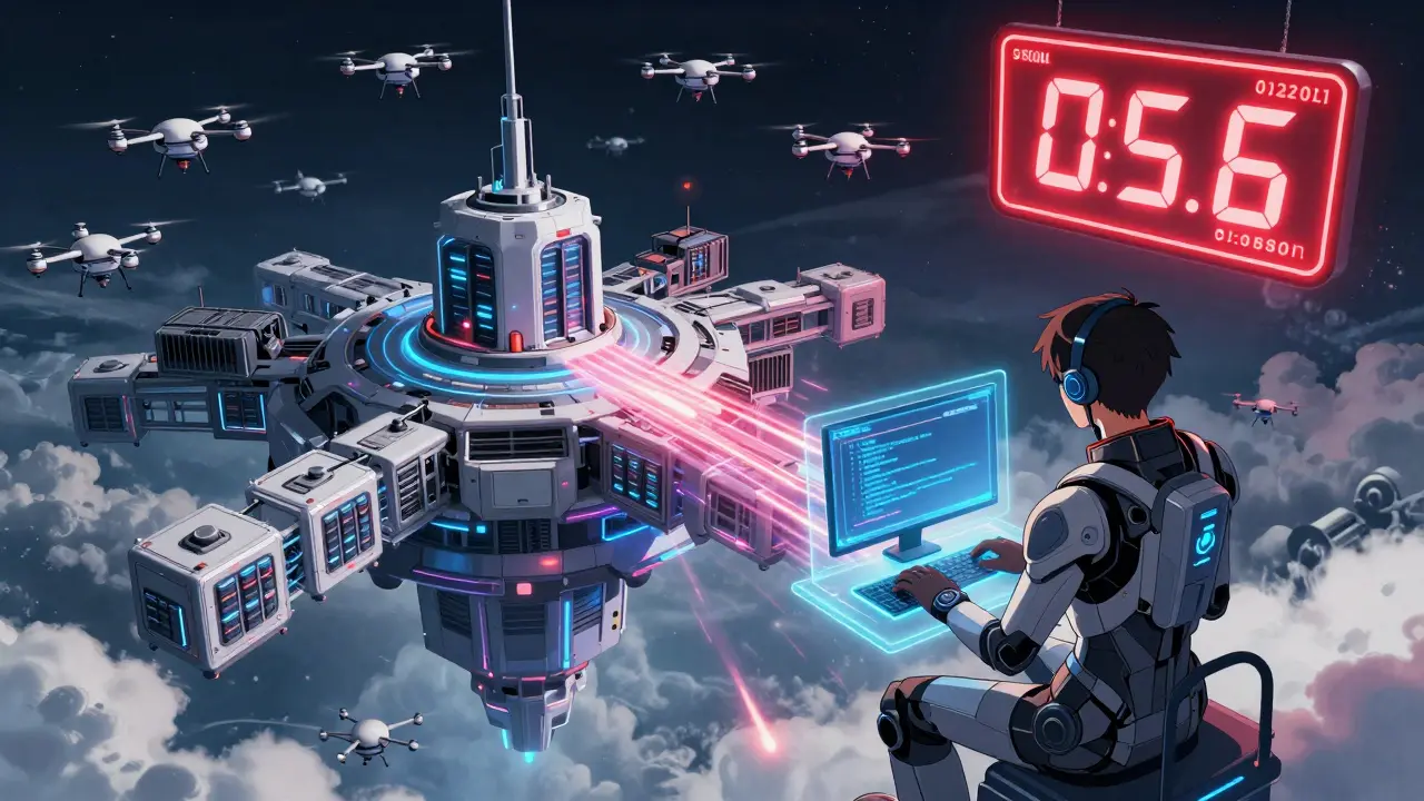 A floating cloud infrastructure with drones deploying servers and a spinning bill meter showing red alerts.