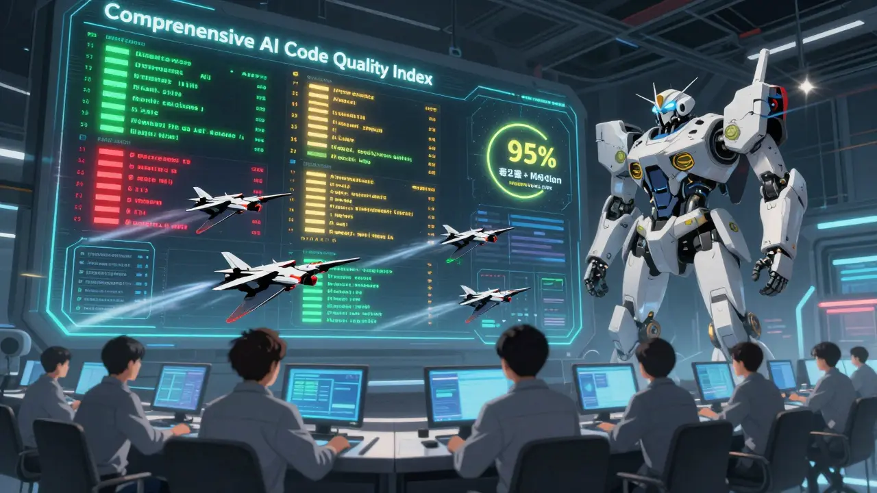 A futuristic control room with a dynamic dashboard auto-adjusting AI code quality metrics, monitored by engineers and AI test bots.