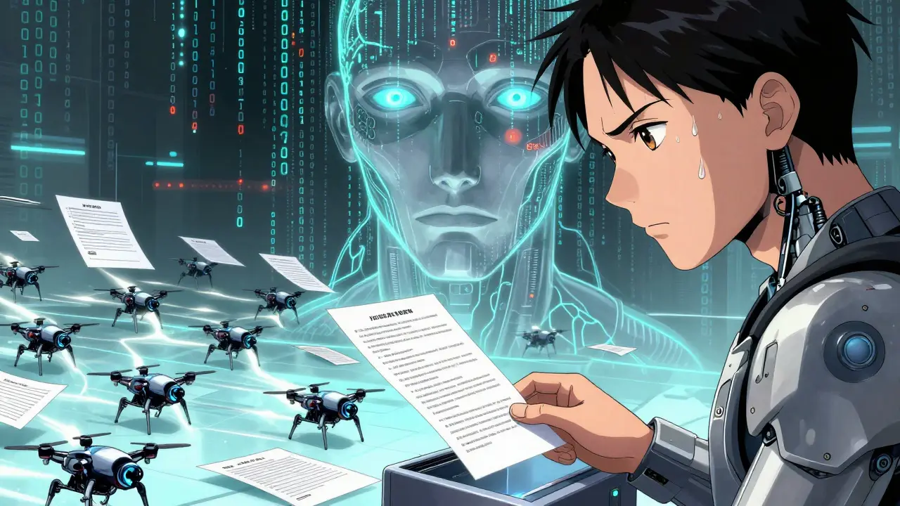 A human places a document into a machine that deploys drones to extract and tag legal and medical texts with high accuracy.