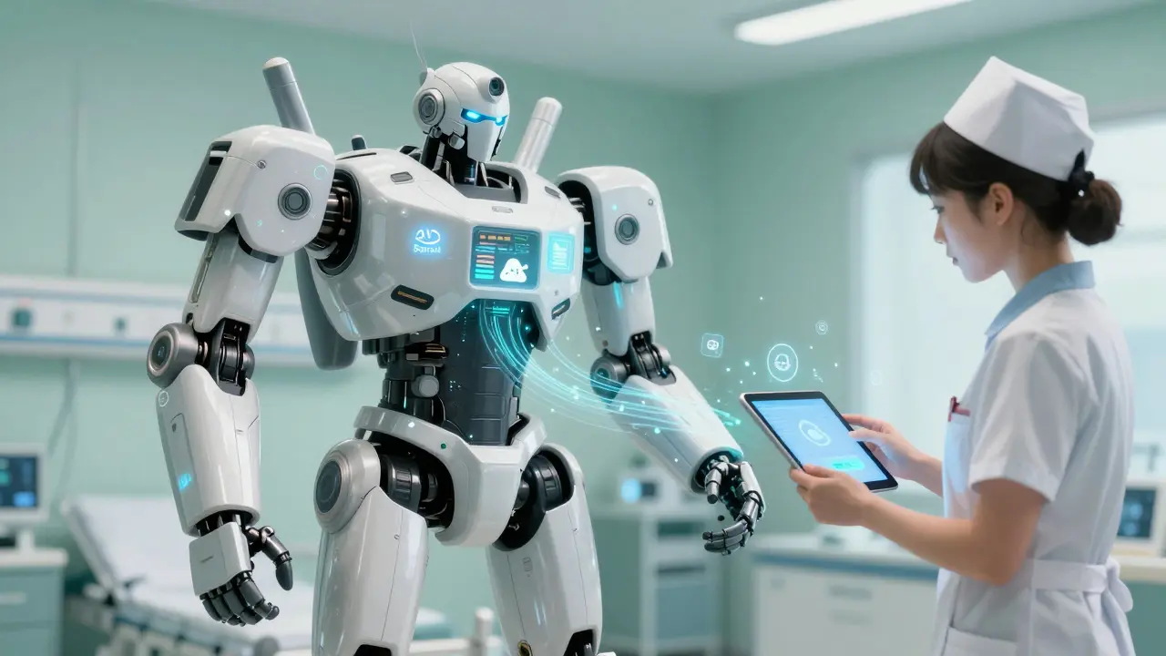 A hybrid cloud-edge robot assisting a nurse with a tablet in a hospital, emitting data streams.