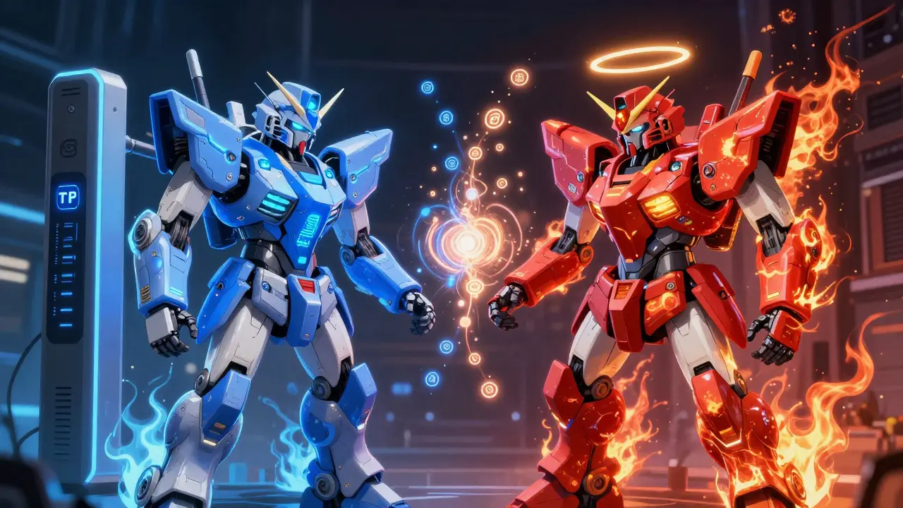 A hybrid mecha unit combining TPU and GPU systems, working together to train a giant AI model.