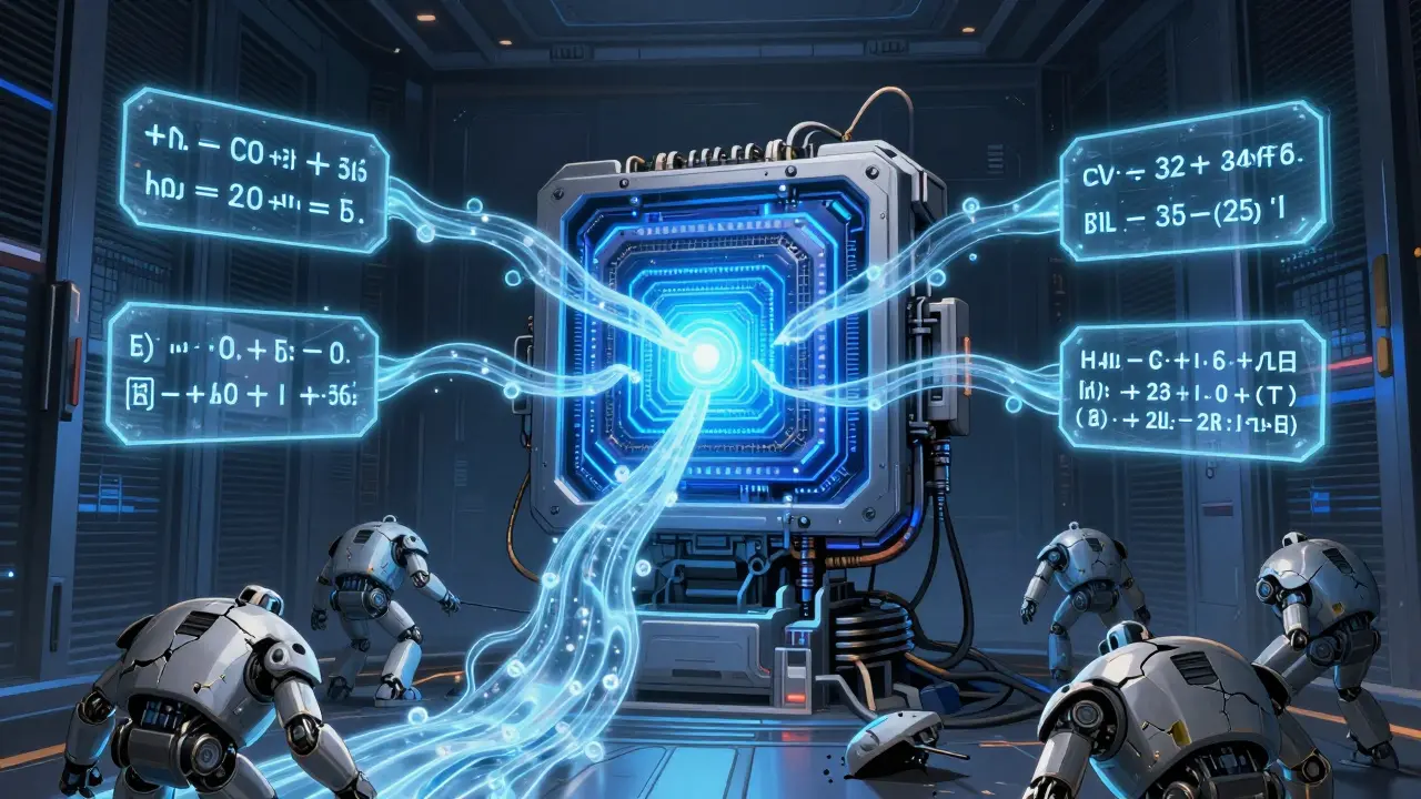 A massive AI core with three glowing reasoning streams, while smaller failed robots lie broken nearby.