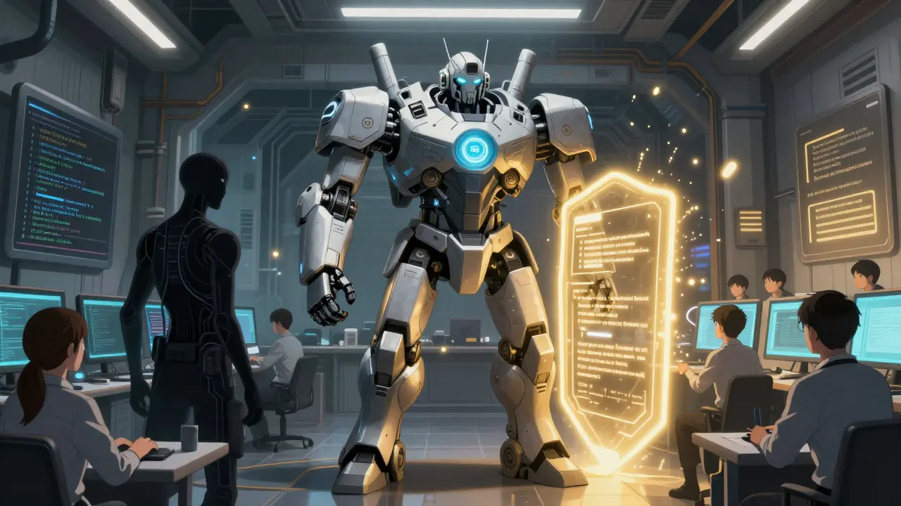 A mechanical guardian blocks untraceable AI code with compliance guardrails in a CI/CD control room.