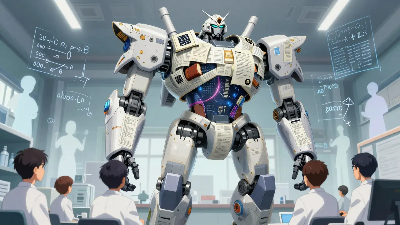 A modular robot with an endless scroll of documents wraps around its body, standing in a university lab under glowing equations.