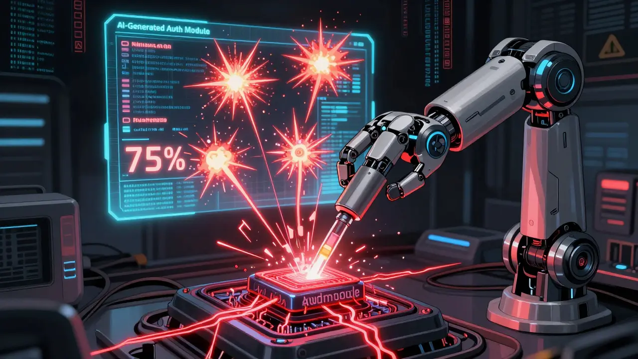 A robotic arm inserting a mutation test probe into a neural core, causing failing tests to explode in a digital war room.