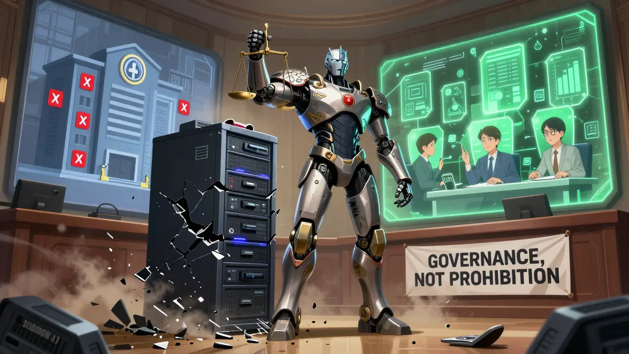 A robotic judge delivers verdict on AI misuse, contrasting fined and compliant companies.