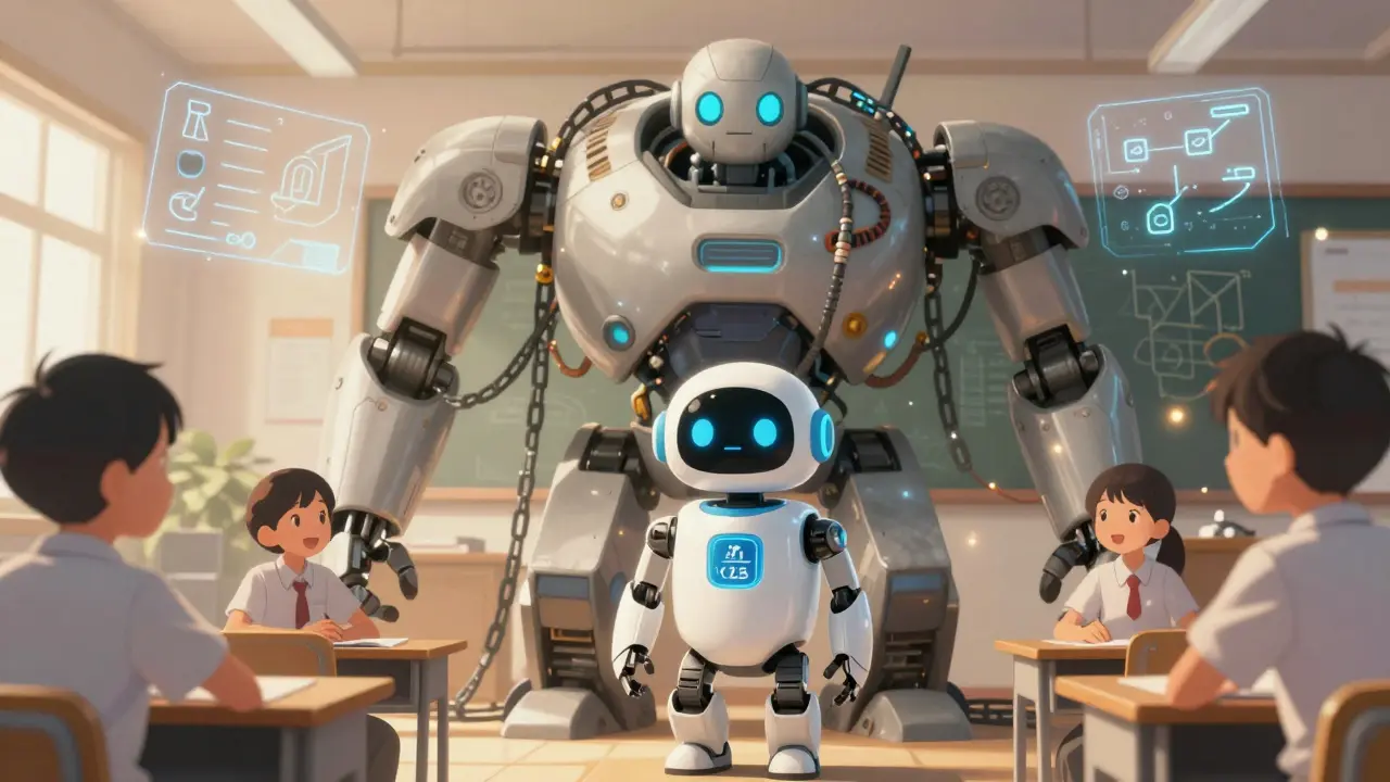 A small math tutor robot helping students while a giant sluggish AI fails behind it in a futuristic classroom.