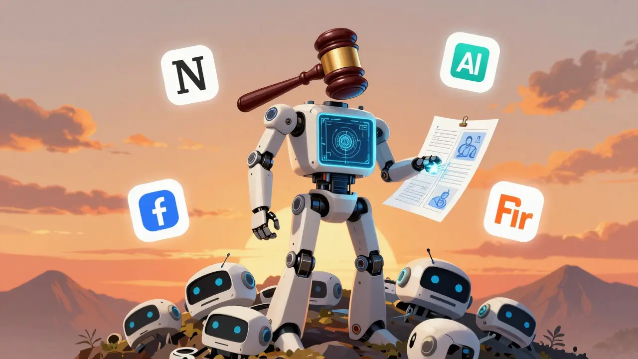 A specialized AI android generating legal, medical, and design outputs while standing on discarded chatbots.