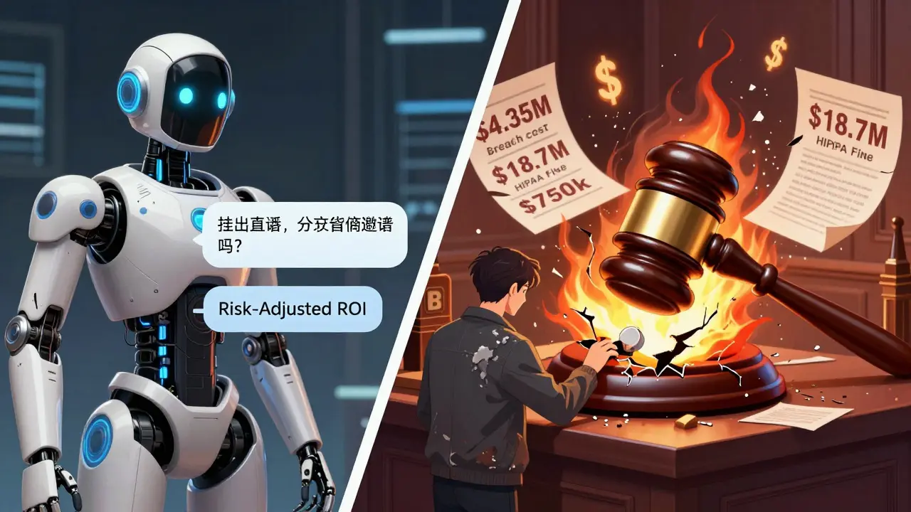 A split scene of a misleading AI chatbot and a courtroom with financial fines burning, while an engineer adjusts a risk-adjusted ROI dial.