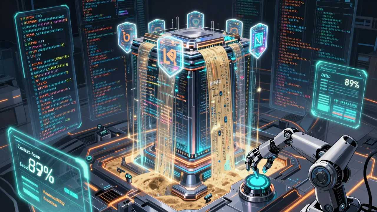 A terminal encodes AI output streams into safe symbols with glowing filters, reducing vulnerabilities by 89%.