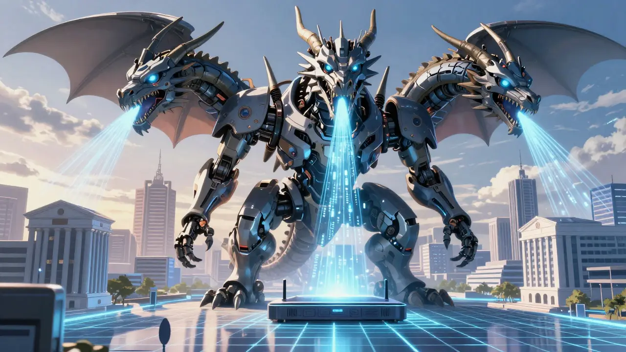 A three-headed mechanical dragon routes AI responses, safeguarding hospitals and banks with validation grids.