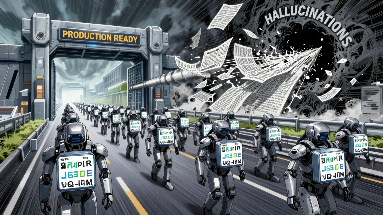 AI agents march in formation carrying JSON payloads toward a production gate as chaos fades behind.