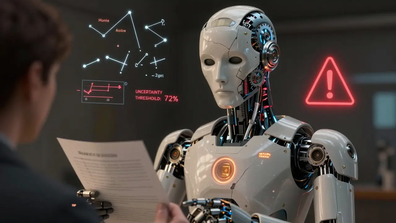 An AI assistant with a cracked face hesitates before a human holding a medical chart, surrounded by uncertainty visualizations.