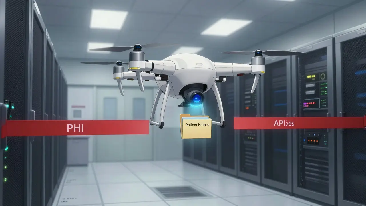 An AI drone enforces least privilege in a hospital server room, restricting access to only authorized data.