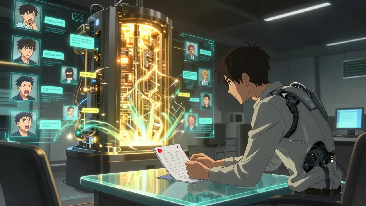 An analyst reviews AI-flagged documents as a massive LLM core labels thousands of text interactions in real time.