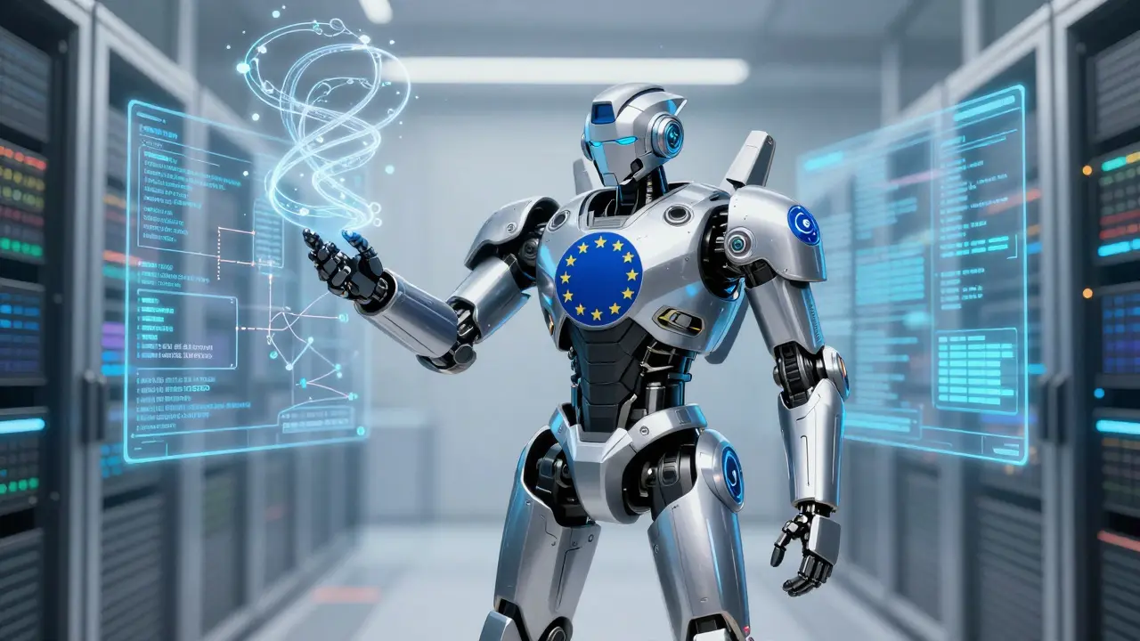 An armored robot with EU compliance icons stands in a data center, holographic logic trails spiraling upward.