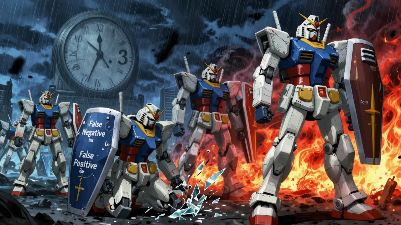 Armored AI units march in a knowledge battlefield, one shattered by lies, another standing firm with 'I CAN'T VERIFY THIS' on its shield.