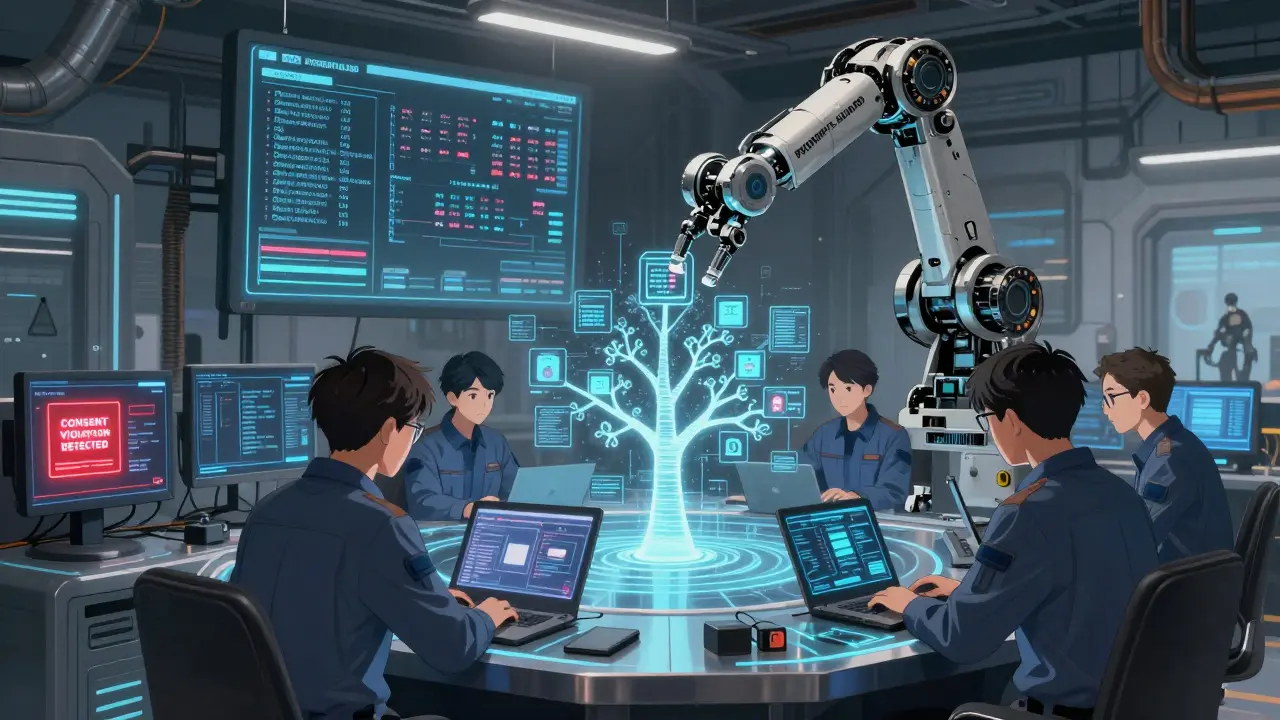 Engineers map AI data flows as a robotic arm blocks sensitive files before upload.