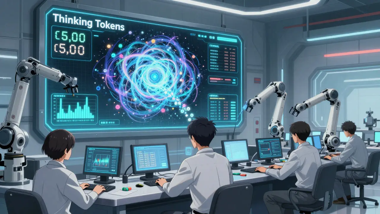 Engineers monitoring thinking tokens as fractal particles overwhelm output tokens in a futuristic AI control room.