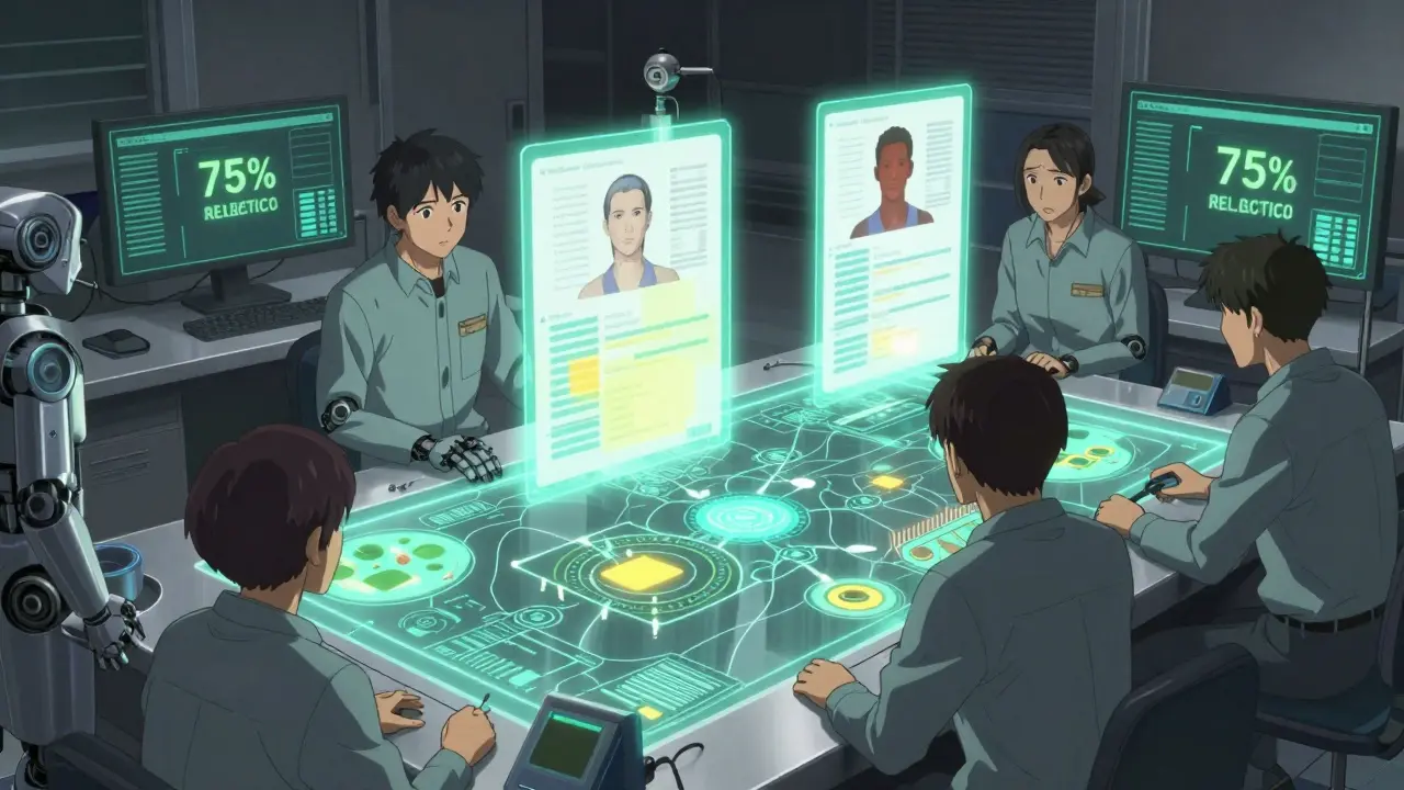 Engineers working with a filtered data map as synthetic records flow into an AI model.