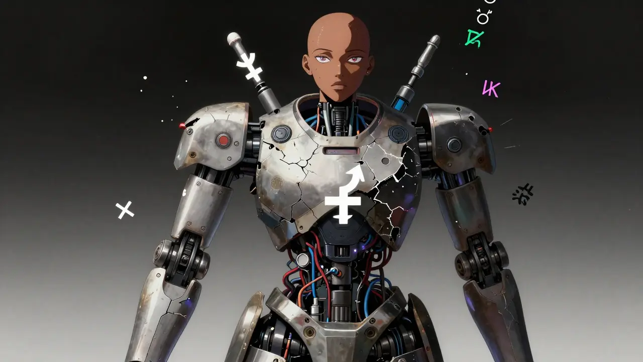 Fragmented robot with disconnected parts showing intersectional bias and multilingual symbols
