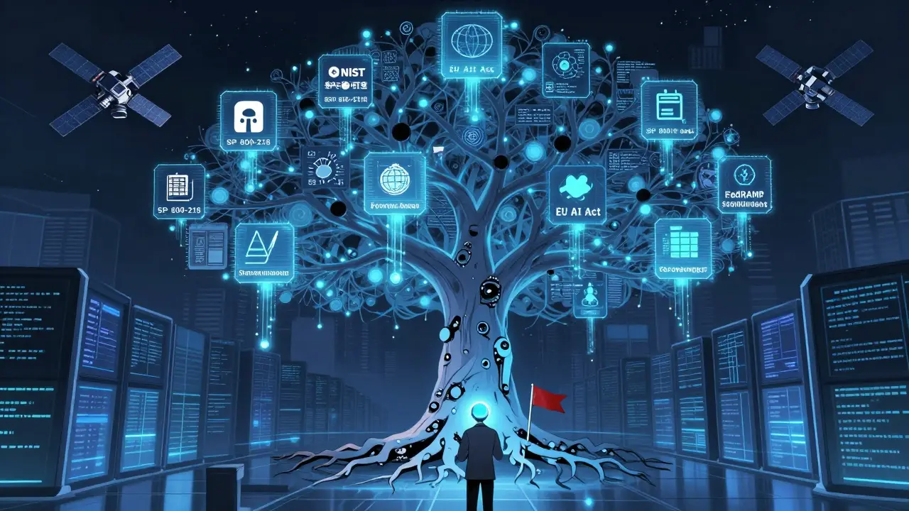 Global compliance network connects AI-generated code to regulatory standards through a glowing digital tree.
