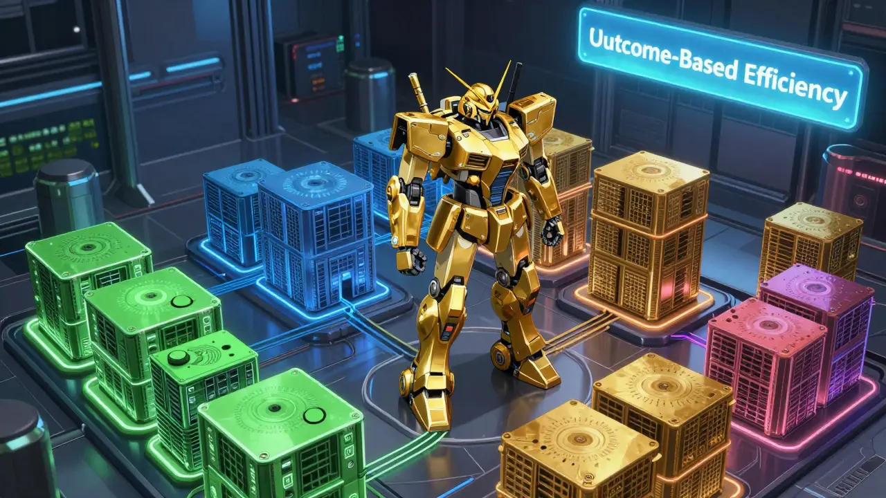 Modular AI system routing tasks by cost tier, with budget, premium, and optimization units glowing in color-coded flow.