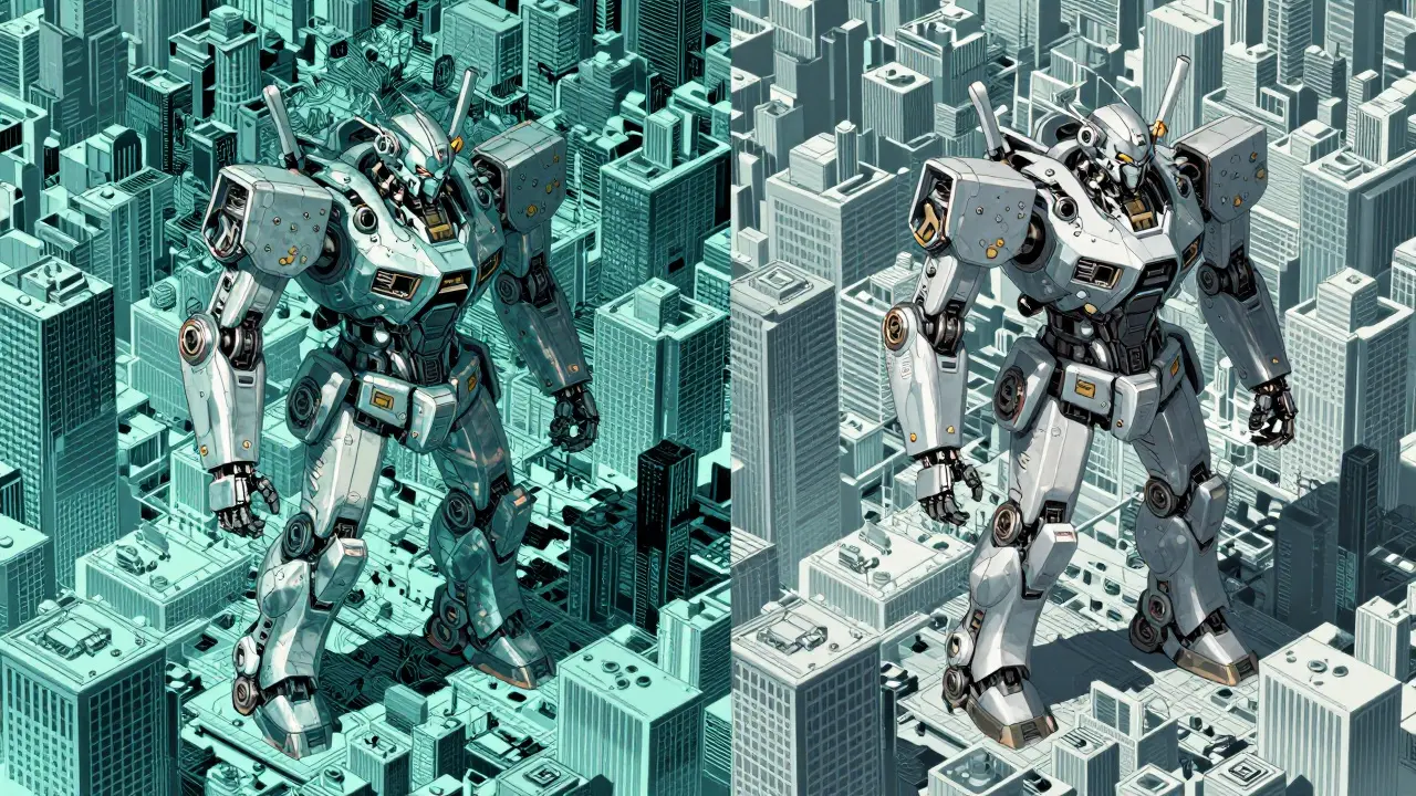 Robot transforming a cityscape by removing digital noise step-by-step