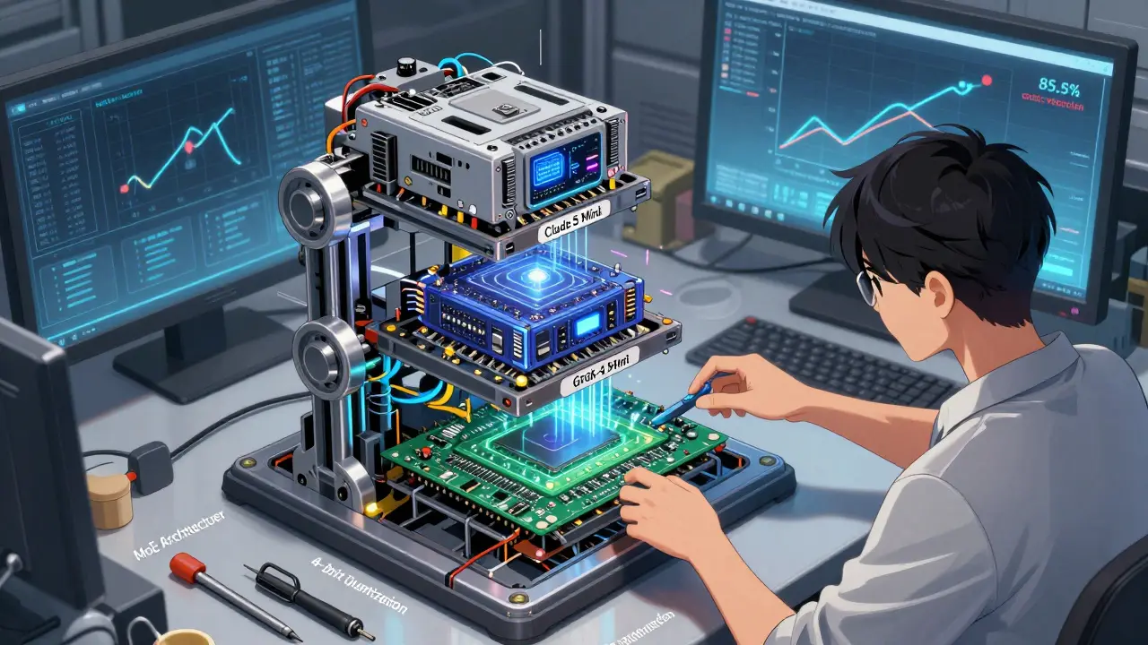 Technician assembling a layered AI system with modular cores labeled for efficiency technologies.
