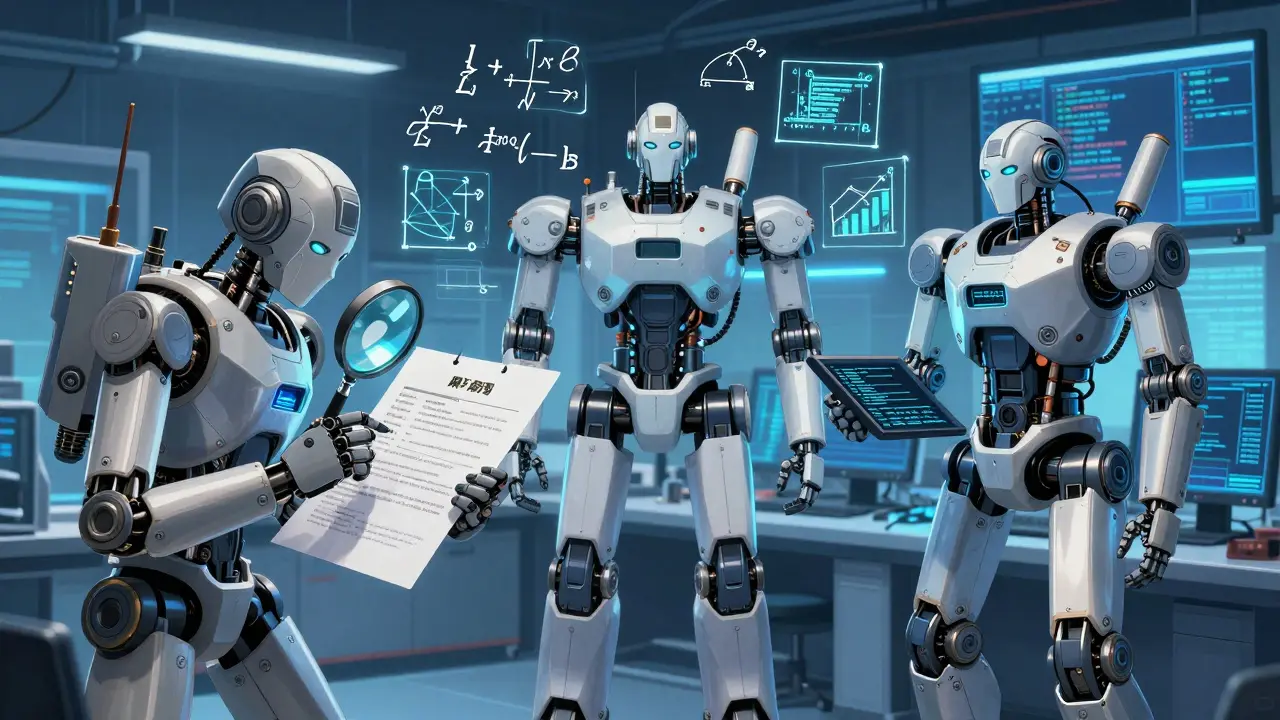 Three robots in lab analyzing resumes, math equations, and code for bias testing