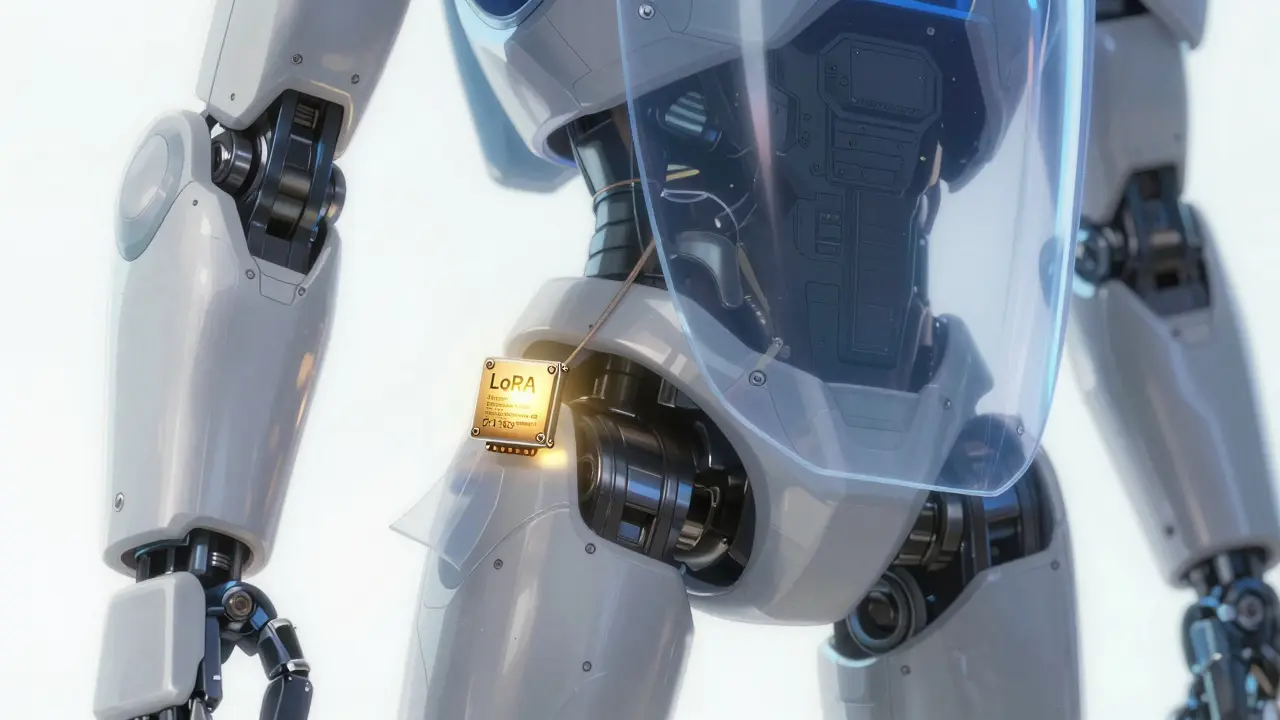Tiny glowing LoRA module on robot's arm, main body shielded.