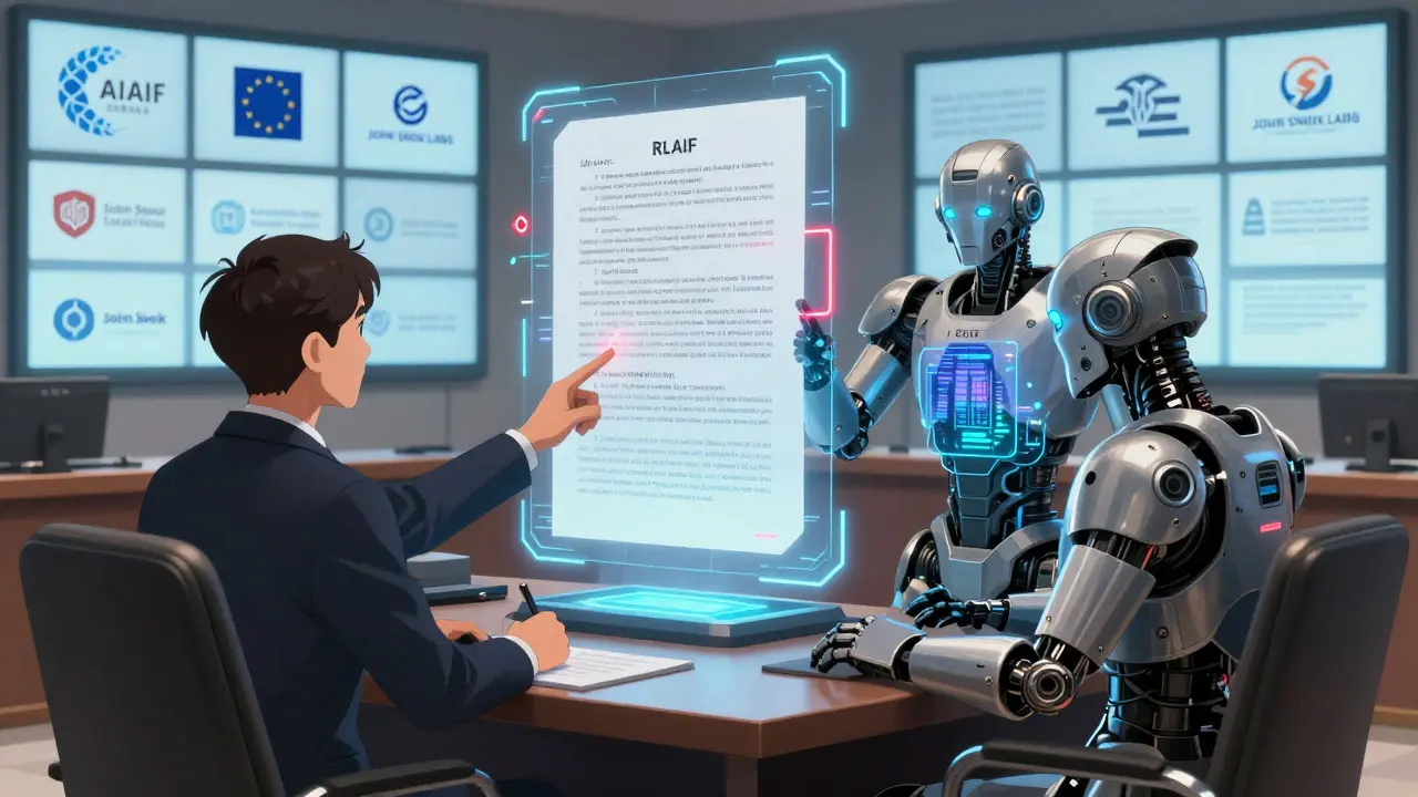 Two legal reviewers collaborate with a towering AI interface projecting layered legal documents and correction logs.