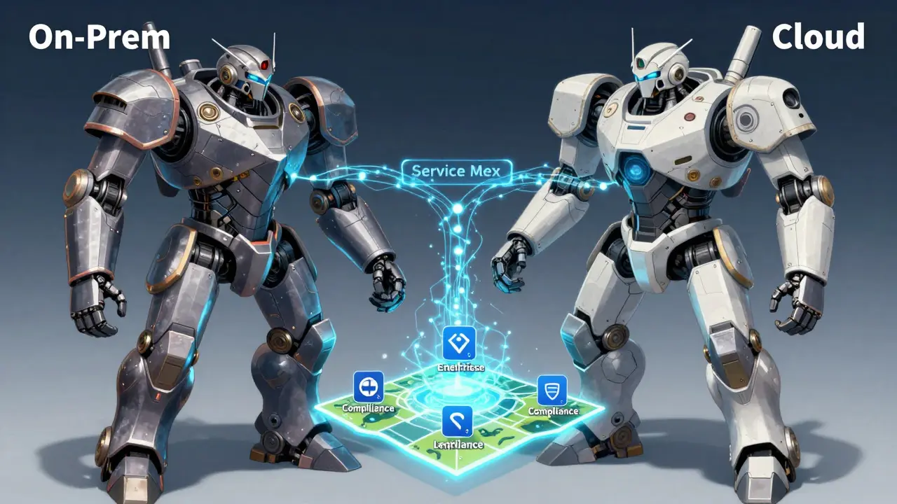Two robotic entities — On-Prem and Cloud — connected by a pulsing bridge, clasping hands over a map of enterprise apps.