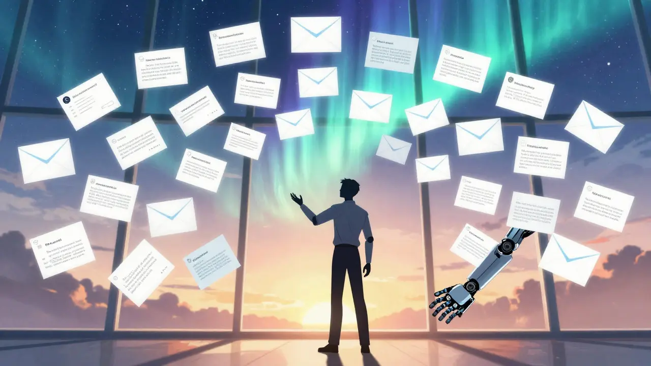 100 personalized email drafts swirling around a sales rep, each tailored to a unique prospect's context.