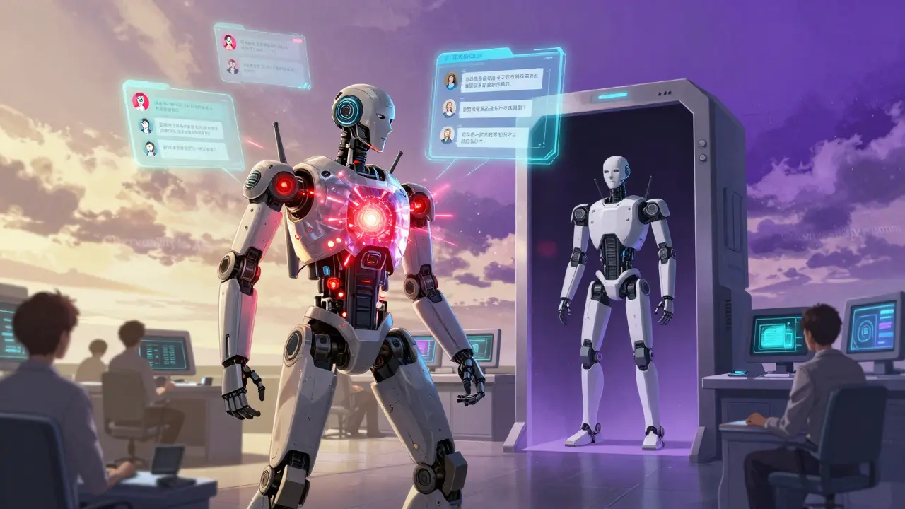 A failing AI robot is replaced by a stable version as user queries shift, with warning lights and rollback systems active.