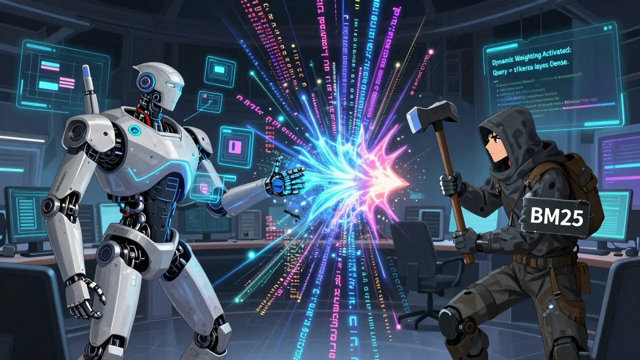 A fusion robot splits into two personas to retrieve code syntax from a repository, with dynamic weighting activated.