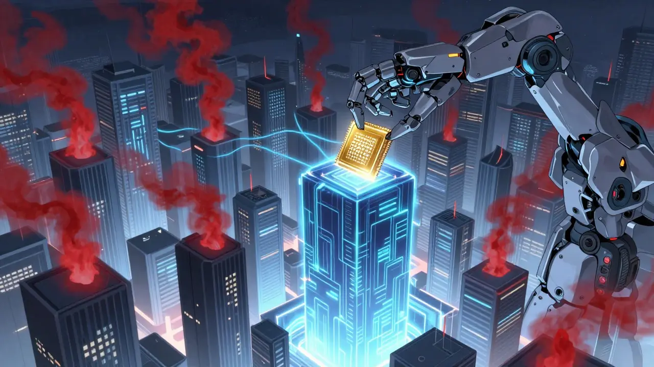 A futuristic city contrasts clean energy from templated AI with smog from inefficient requests.