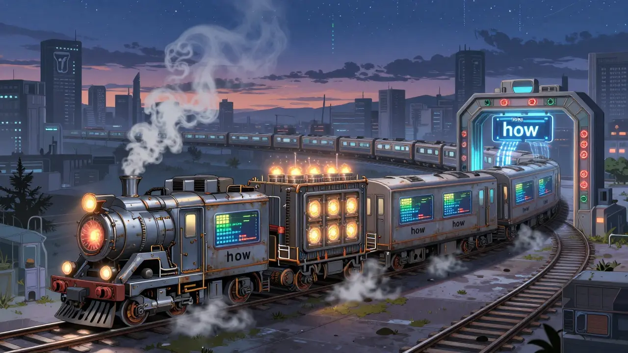 A futuristic train with generated tokens looping endlessly, powered by a transformer core.