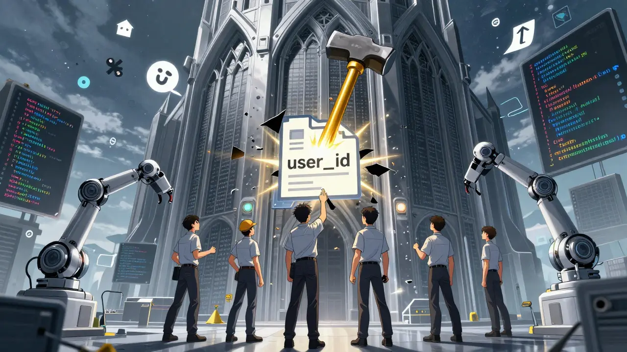 A giant codebase structure being repaired by robotic arms as inconsistent variable names are transformed into clean snake_case.