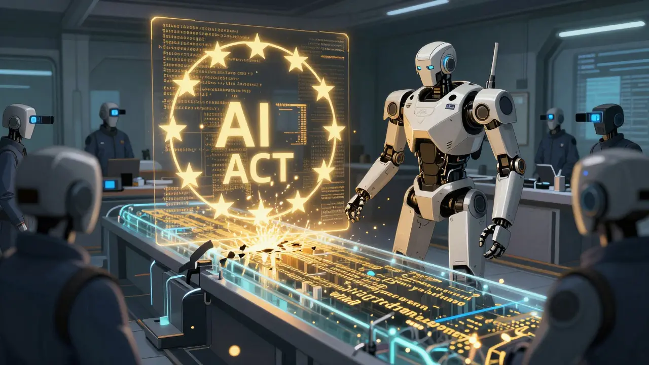 A holographic EU AI Act emblem enforces detectable watermarks on code flowing through a pipeline.