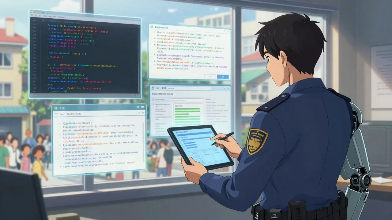 A human inspector reviews an AI-flagged exception with regulatory data floating around them, while the AI waits respectfully for judgment.