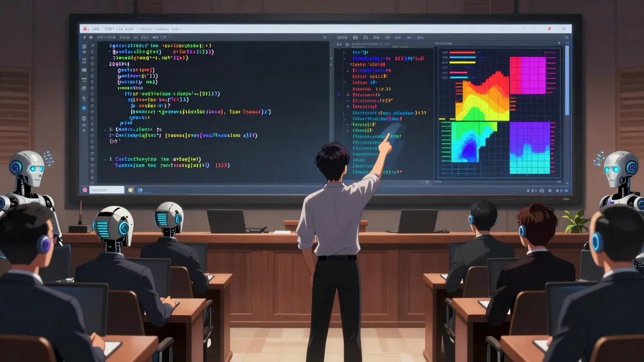 A job candidate points to an AI-assisted code workflow while facing robotic hiring managers with glowing data eyes.