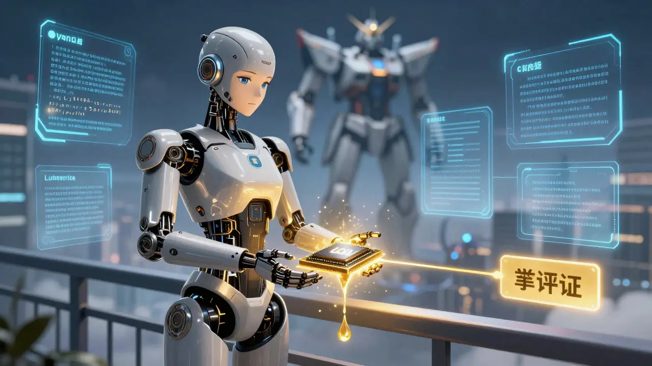 A LoRA-Guard adapter connects to a small LLM chip, drawing wisdom from a distant giant model, while adaptive templates hover in the air around medical, creative, and legal inputs.