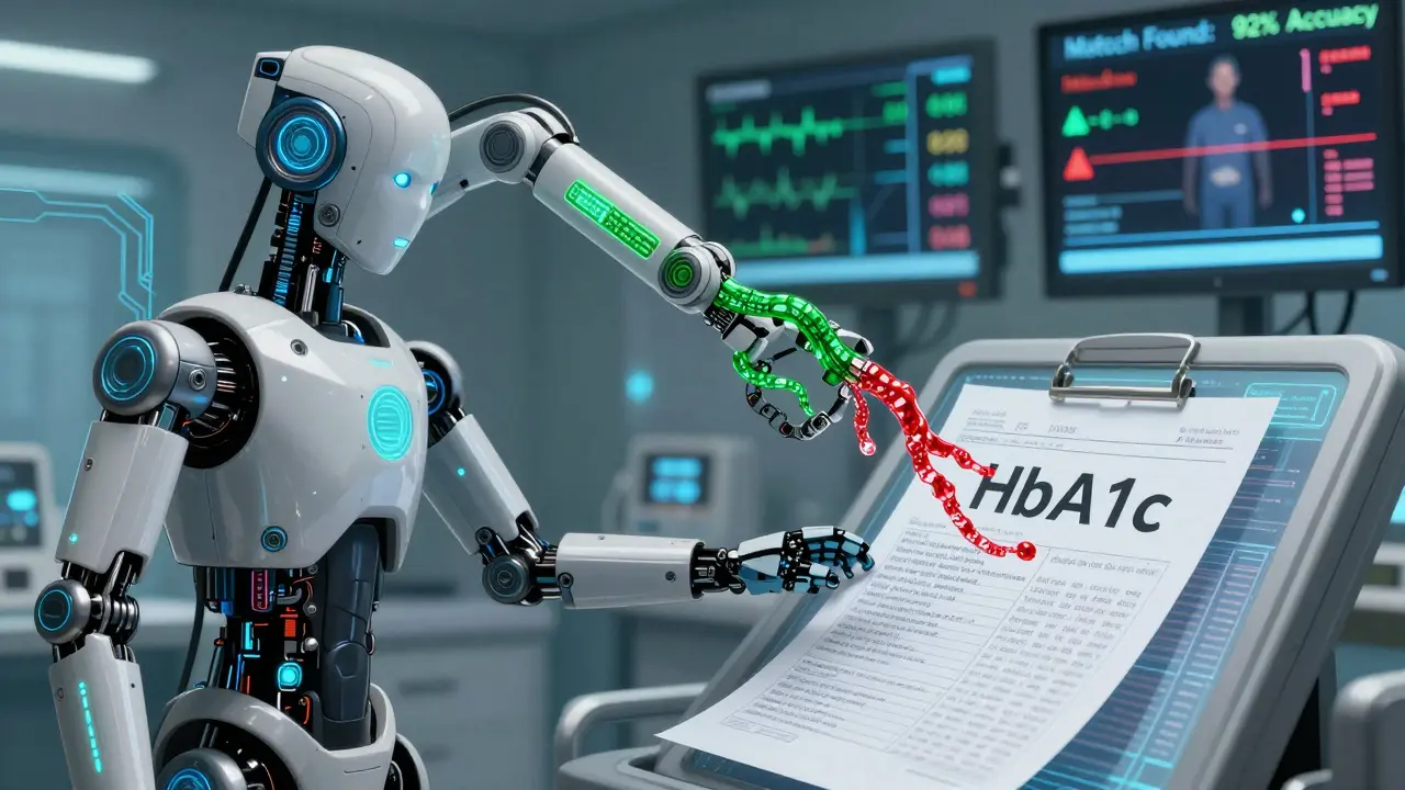 A medical AI retrieves the term 'HbA1c' using converging semantic and keyword data streams in a hospital command center.